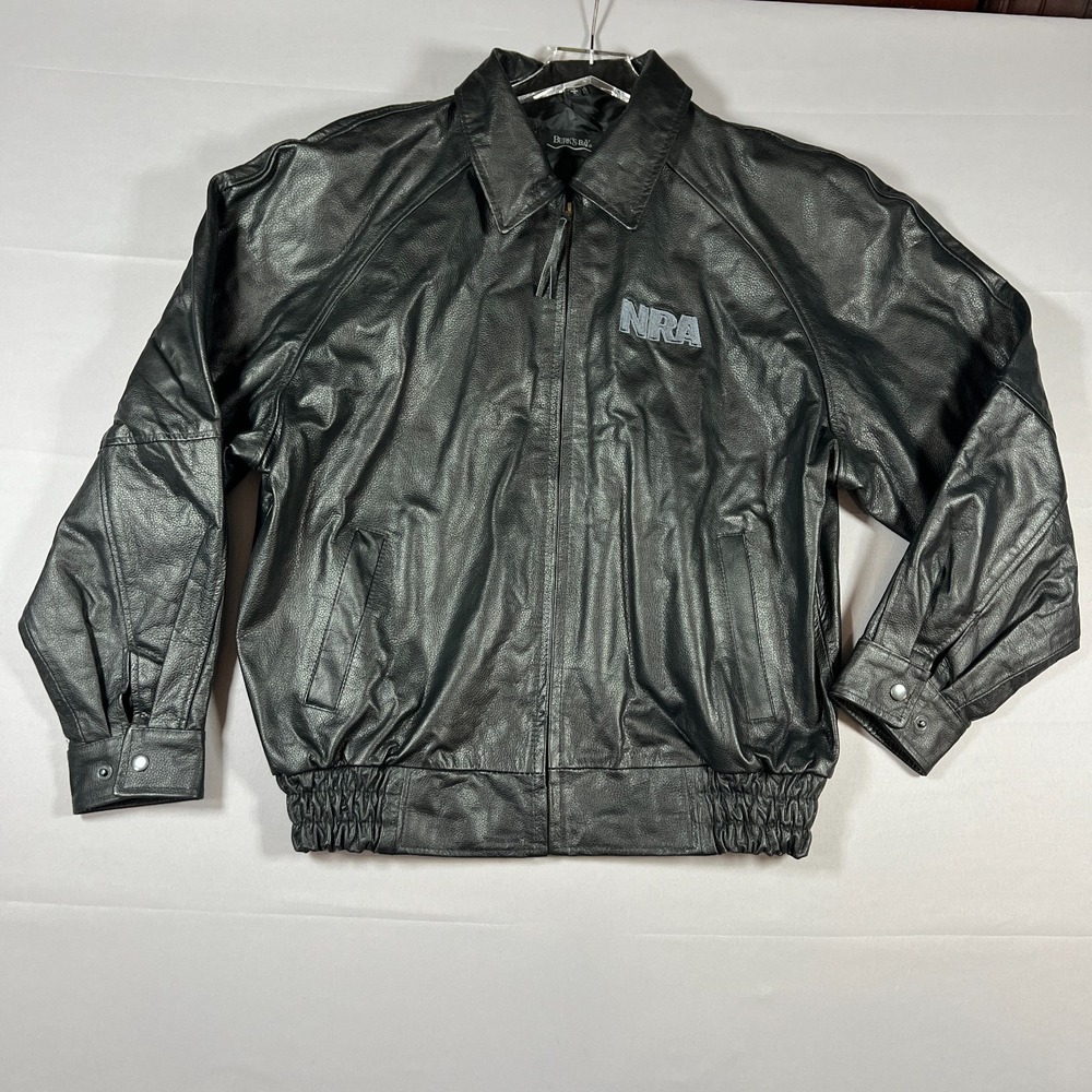Burk's Bay Bomber Jacket Men Large Black NRA Logo Leather Full Zip Classic Wear